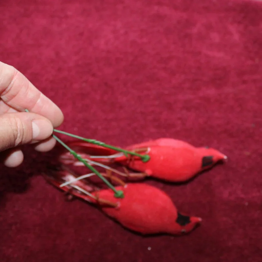 Vintage Cardinals Flocked Red Feathers Plastic Leg, Floral stick - Set of 2